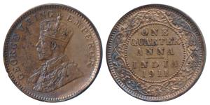 George V, Copper ¼ Anna, 1911, Calcutta Mint (Prid 656). About Uncirculated.