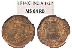 George V, Copper ½ Pice, 1914, Calcutta Mint, (Prid 747). Graded by NGC MS64RB.