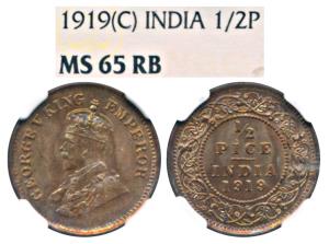 George V, Copper ½ Pice, 1919, Calcutta Mint (Prid 752). Graded by NGC MS65RB.