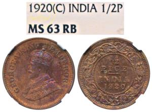 George V, Copper ½ Pice, 1920, Calcutta Mint, (Prid 753). Graded by NGC MS63RB.