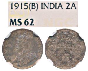 George V, Silver 2 Annas, 1915, Bombay Mint (Prid 574). Graded by NGC MS63.