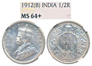 George V, Silver ½ Rupee, 1912, Bombay Mint (Prid 336). Graded by NGC MS64+.