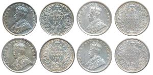 George V, Silver ½ Rupee (4), 1919, Bombay Mint; 1921, 1933 & 1934, Calcutta Mint. Very Fi