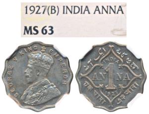 George V, Cupro-Nickel Anna, 1927, Bombay Mint (Prid 680). Graded by NGC MS63.