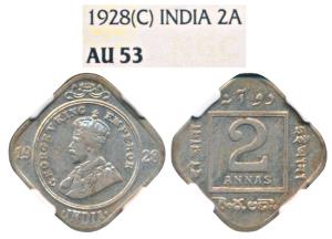 George V, Cupro-Nickel 2 Annas, 1928, Calcutta Mint (Prid 888). Graded by NGC AU53.