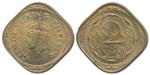 George VI, Nickel Brass 2 Anna, 1945, Calcutta Mint (Prid 909). Uncirculated.