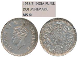 George VI, Silver Rupee, 1938, Bombay Mint, A / I / with dot, (Prid 234). Graded by NGC MS