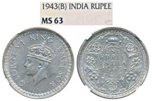 George VI, Silver Rupee, 1943, Bombay Mint, C / II / diamond (Prid 243). Graded by NGC MS6