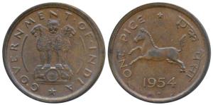 Copper Pice, Hyderabad Mint, 1954 split diamond as mint mark (KM 1.4). About Uncirculated.