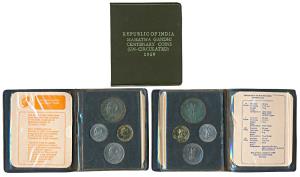 1969 Uncirculated Set, Gandhiji Birth Centennial, set of 4, 20 Paise to Rupees 10. In imma