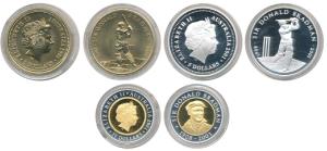 Australia, Sir Donald Bradman, set of 3 Proof, Silver $5, 31.1g; Bi-metal Gold and Silver 