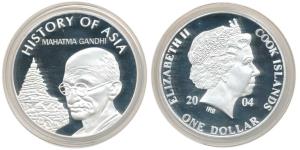 Cook Island, Silver Dollar, 25g, featuring Mahatma Gandhi, 2004. Proof.