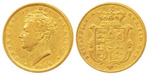 Great Britain, George IV, Gold Sovereign, 7.9g, 1826, shield on rev. (KM 696). Very Fine, 
