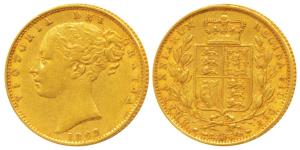 Great Britain, Victoria Queen, Gold Sovereign, 8g, 1862, Young head, Shield on rev. (KM 73