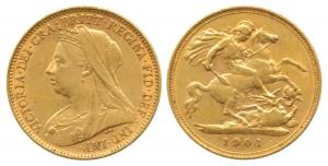 Great Britain, Victoria Queen, Gold ½ Sovereign, 4g, 1901, veiled head (KM 784). Very Fine