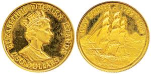Pitcairn Islands, Elizabeth II, Gold 250 Dollars, 16g, 1989, rev. HMAV Bounty (the crew of