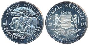 Somalia, Silver 100 Shillings, 31.1g, 2016, African Wildlife, Elephant. Uncirculated.