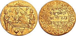 End of the 19th century, Gold Ramatanka, 11.94g, obv. Durbar scene, Ram and Sita sitting f