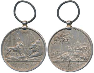 Burma Medal, Silver, obv. Burmese Elephant symbolically kneeling in submission before the 