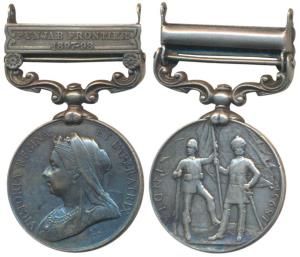 India Medal, Victoria, Silver, Punjab Frontier 1897-98 bar, rev. a British and an Indian s