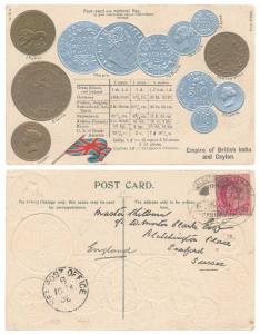 Embossed Postcard with impression of British India (William and Victoria Rupee and Mohur) 