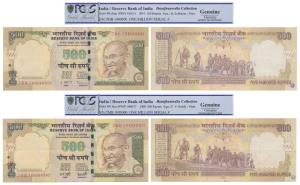 Rupees 500, 2008 and 2010, signed D. Subbarao and Y. V. Reddy, both have the same fancy nu