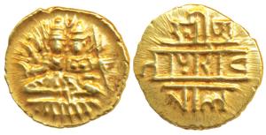 Vijayanagar Empire, Hari Hara II (1377-1404 AD), Gold ½ Pagoda, 1.68g, obv. Shiva-Parvati 