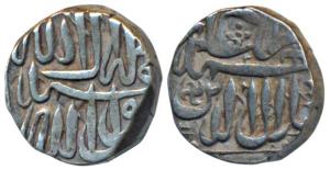 Akbar, Silver Mahmudi, 5.53g, Mulher Mint, inverted Swastika symbol on rev. (KM 72.1). Ver