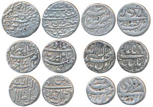 Assorted lot, Silver Rupee (6), Akbar, Ahmedabad Mint, RY 46; Jahangir, Akbarnagar Mint; L