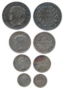 Victoria Queen, set of 4, Silver Rupee, ½, ¼ and 2 Annas, 1840 and 1841, Continuous Legend