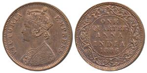 Victoria Empress, Copper ¼ Anna, 1886, Bombay Mint (Prid 641). About Uncirculated.