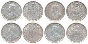 George V, Silver ½ Rupee (4), 1918, 1919 & 1926; Calcutta Mint; 1928, Bombay Mint. Extreme