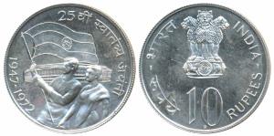 Proof Silver Rupees 10, 1972, 25th Anniversary Indian Independence (KM 187). Proof.