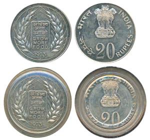 Silver Rupees 20, 1973, Grow More Food, Bombay Mint (KM 240). Within plastic case of issue