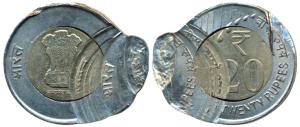 Bi-metal, Rupees 20, Error, triple struck. Uncirculated, Rare.
