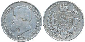 Brazil, Silver 2000 Reis, 1889 (KM 485). Fine+.