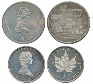 Canada, Elizabeth II, Silver 5 Dollars, 1oz, 31.1g, 1989 Maple Leaf (KM 163); Silver 10 Do