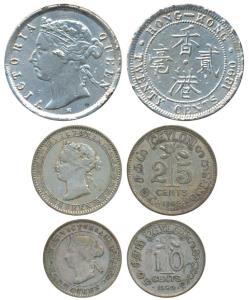 Ceylon, Silver 10 & 25 Cents, 1.17g, & 2.91g, 1892 (KM 94 & 95); Hong Kong, Silver 20 Cent
