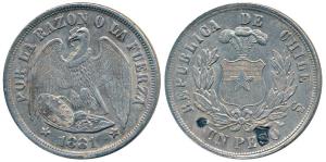Chile, Silver Peso, 25.05g, 1881, obv. plumed arms within wreath, rev. Condor with wings s