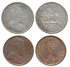East Africa, Edward Silver 50 Cents, 1906; Ceylon, Edward, Copper Cent, 1910. Very Fine+, 