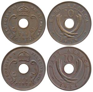 East Africa, Bronze 10 Cents (2), George V 1924; George VI 1939H (KM 19 & 26). About Uncir
