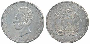 Ecuador, Silver 5 Sucres, 24.98g, obv. head of Sucres, 1943 (KM 79). About Uncirculated, R