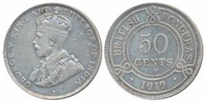 British Honduras, George V, Silver 50 Cents, 11.62g, rev. denomination within circle and d