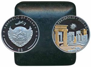 Palau, Coloured Silver 5 Dollar, 25g, 2011, obv. World of wonders Persepolis-Shirraz, rev.