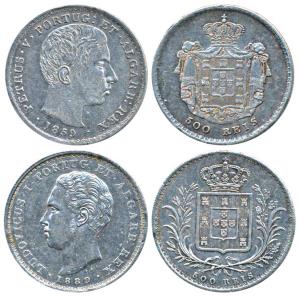 Portugal, Pedro V, Silver 500 Reis, 12.5g, 1859 (KM 498); Luis I, Silver 500 Reis, 12.4g, 