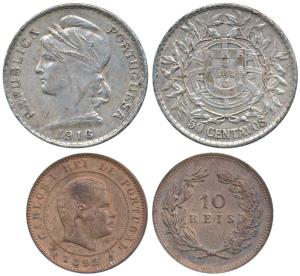Portugal, Silver 50 Centavos, 12.5g, 1916 (KM 561); Carlos I, Copper 10 Reis, 1892 (KM 532