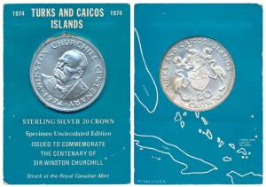 Turks & Caicos Islands, Elizabeth II, Silver 20 Crowns, 38.7g, 1974, rev. Winston Churchil
