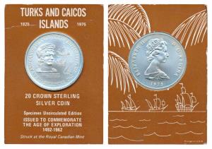 Turks & Caicos Islands, Elizabeth II, Silver 20 Crowns, 38.7g, 1975, rev. bust of Christop