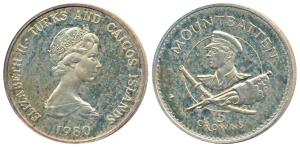 Turk and Caicos Islands, Piefort, Half Silver 5 Crowns, 29.4g, Lord Mountbatten, 1980. Pro