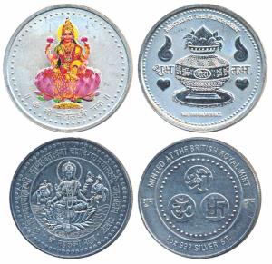 Coloured Silver Bar, 1 oz, 31.3g, obv. Mahalakshmi seated, rev. Kalash, minted by Perth Mi